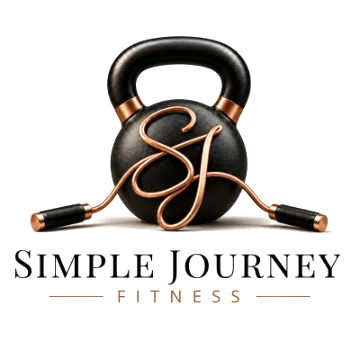 Simple Journey Fitness logo: a black kettlebell with a copper jump rope forming the letters SJ